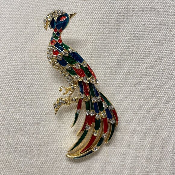 Vintage Jewelry - Vintage Enamel Rhinestone Peacock Brooch Pin Multicolor Bird Novelty